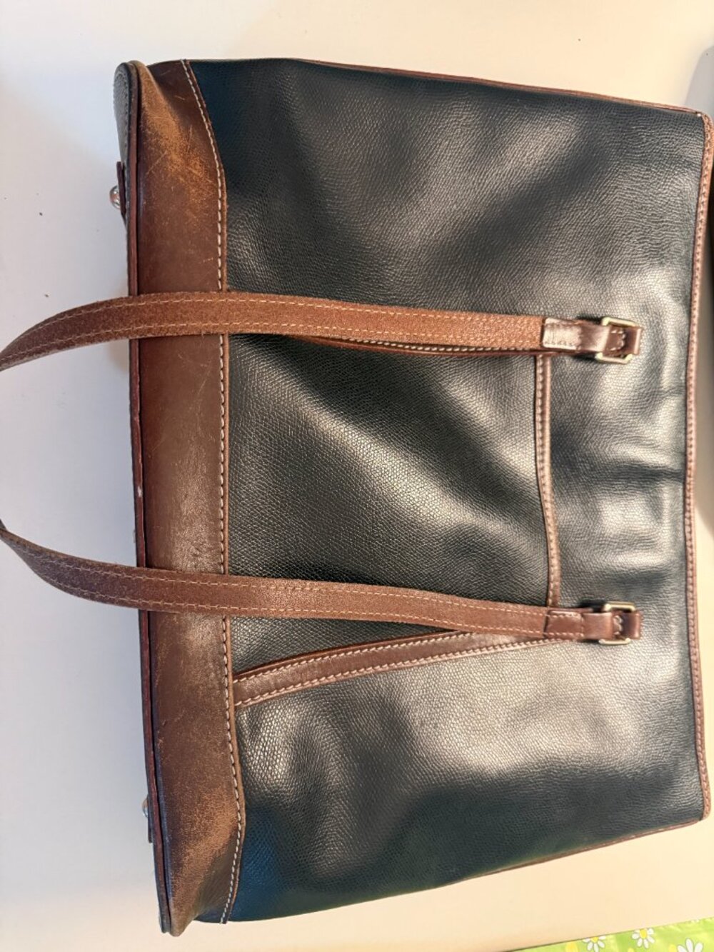 Black & Brown Structured Shoulder Tote Bag Vintage Style - Picture 3 of 9